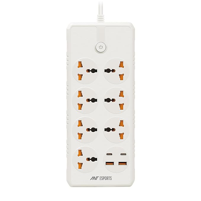 Ant Esports PS722 Universal Power Strip with USB & Type C with 7 Universal Sockets, 3 meters cable - White
